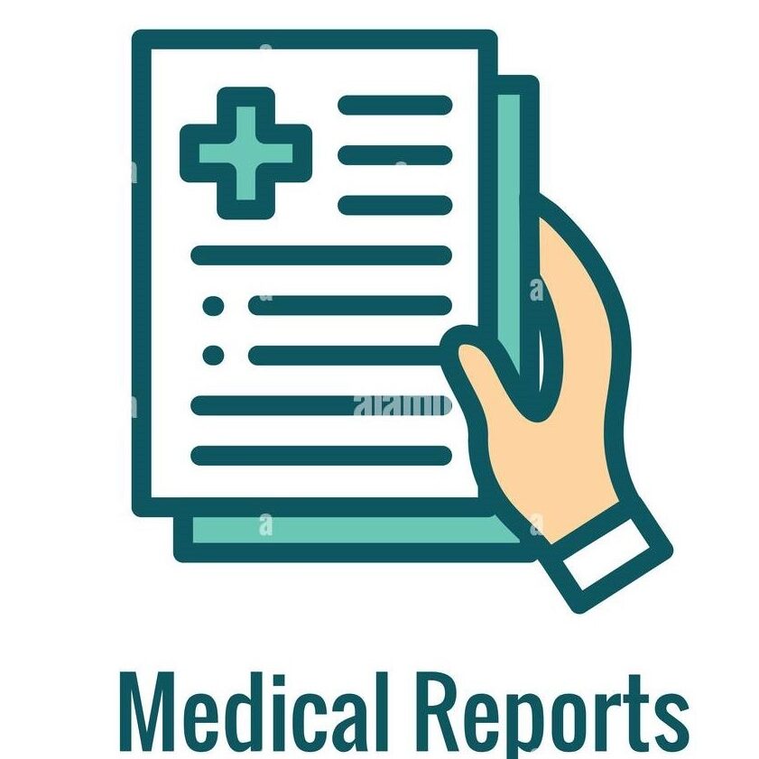 A hand holding an open medical report.